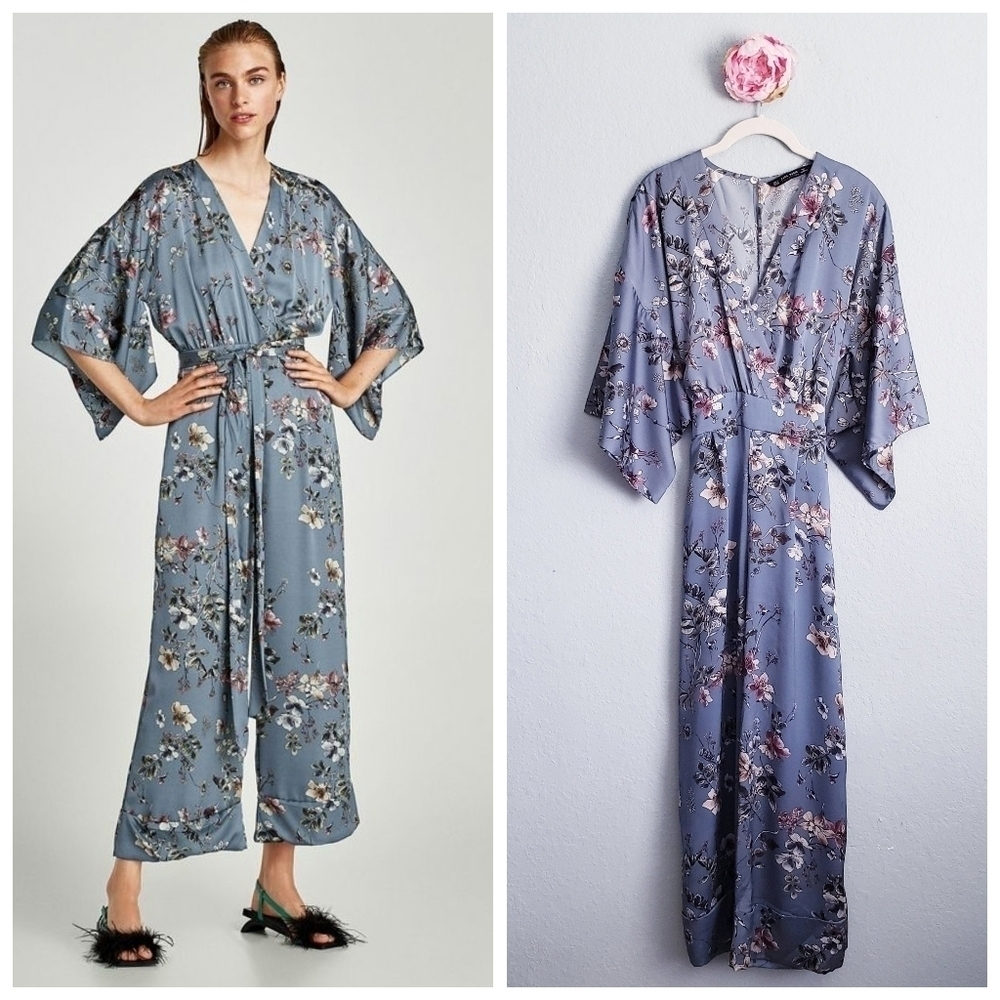 Zara Blue Satin Oriental Floral Wideleg Kimono Jumpsuit